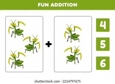 Education game for children fun addition by count and choose the correct answer of cute cartoon green mantis printable bug worksheet