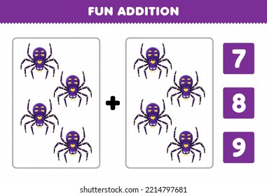 Education game for children fun addition by count and choose the correct answer of cute cartoon purple spider printable bug worksheet