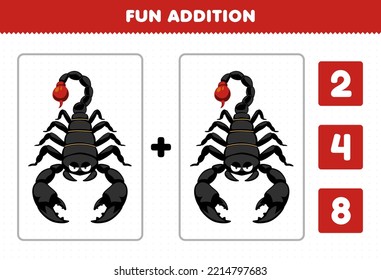 Education game for children fun addition by count and choose the correct answer of cute cartoon scorpion printable bug worksheet