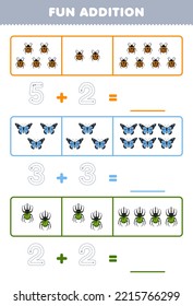 Education game for children fun addition by counting and tracing the number of cute cartoon ladybug butterfly beetle printable bug worksheet