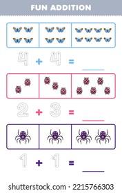 Education game for children fun addition by counting and tracing the number of cute cartoon butterfly ladybug spider printable bug worksheet