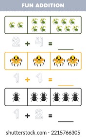 Education game for children fun addition by counting and tracing the number of cute cartoon mantis spider beetle printable bug worksheet