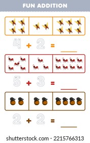 Education game for children fun addition by counting and tracing the number of cute cartoon cicada ant beetle printable bug worksheet