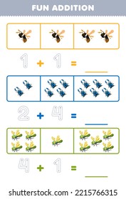 Education game for children fun addition by counting and tracing the number of cute cartoon bee beetle dragonfly printable bug worksheet