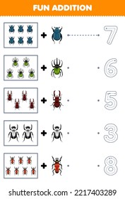 Education game for children fun addition of cute cartoon beetle then choose the correct number by tracing the line bug worksheet