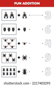 Education game for children fun addition of cute cartoon scorpion louse fly spider beetle then choose the correct number by tracing the line bug worksheet