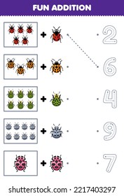 Juego de educación para niños diversión adición de tira de dibujos animados lindo y luego elegir el número correcto rastreando la hoja de cálculo de error de línea