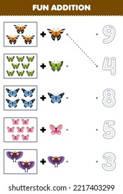Education game for children fun addition of cute cartoon butterfly then choose the correct number by tracing the line bug worksheet