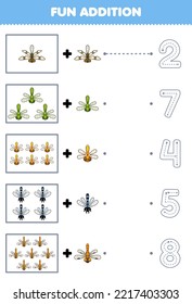 Education game for children fun addition of cute cartoon dragonfly then choose the correct number by tracing the line bug worksheet