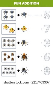 Education game for children fun addition of cute cartoon spider then choose the correct number by tracing the line bug worksheet