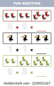 Education game for children fun addition by counting and tracing the number of cute cartoon parrot toucan parakeet printable animal worksheet