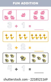 Education game for children fun addition by counting and tracing the number of cute cartoon pig duck sheep printable animal worksheet