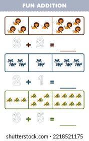 Education game for children fun addition by counting and tracing the number of cute cartoon lion wolf piranha printable animal worksheet