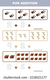Education game for children fun addition by counting and tracing the number of cute cartoon beetle reindeer yak printable animal worksheet