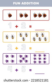 Education game for children fun addition by counting and tracing the number of cute cartoon ladybug bee spider printable animal worksheet