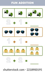 Education game for children fun addition by counting and tracing the number of cute cartoon helm sunglasses cardigan printable wearable clothes worksheet