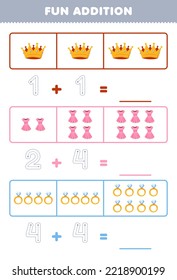 Education game for children fun addition by counting and tracing the number of cute cartoon crown dress ring printable wearable clothes worksheet