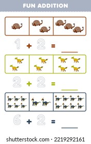 Education game for children fun addition by counting and tracing the number of cute cartoon leptoceratops parasaurolophus printable prehistoric dinosaur worksheet