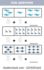 Education game for children fun addition by counting and tracing the number of cute cartoon mosasaurus plesiosaurus megalodon printable prehistoric dinosaur worksheet