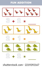 Education game for children fun addition by counting and tracing the number of cute cartoon tyrannosaurus isisaurus triceratops printable prehistoric dinosaur worksheet