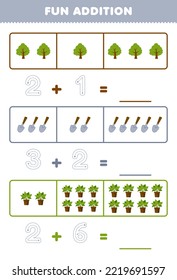 Education game for children fun addition by counting and tracing the number of cute cartoon tree shovel plant printable farm worksheet