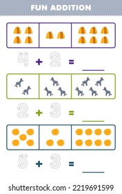 Education game for children fun addition by counting and tracing the number of cute cartoon haystack dan donkey printable farm worksheet