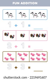 Education game for children fun addition by counting and tracing the number of cute cartoon cow turkey pig printable farm worksheet