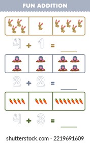 Education game for children fun addition by counting and tracing the number of cute cartoon rabbit mole carrot printable farm worksheet