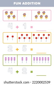Education game for children fun addition by counting and tracing the number of cute cartoon candy printable food worksheet