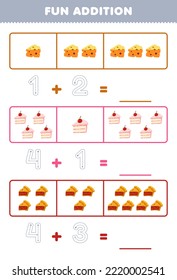 Juego de educación para niños diversión adición contando y rastreando el número de lindo dibujo de tarta de queso pastel de pastel de comida imprimible