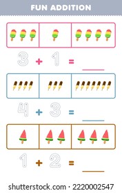 Education game for children fun addition by counting and tracing the number of cute cartoon popsicle printable food worksheet