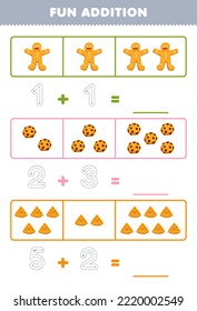 Erziehungsspiel für Kinder Spaß beim Hinzufügen, indem die Anzahl der süßen Cartoon-Lebkuchen-Cookie-Waffelpapier-Esszettel gezählt und ermittelt wird