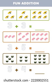 Education game for children fun addition by counting and tracing the number of cute cartoon sushi printable japanese food worksheet