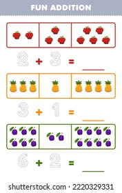 Juego de educación para niños adición de diversión contando y rastreando el número de adorables dibujos animados hoja de cálculo de fruta imprimible de piña de manzana