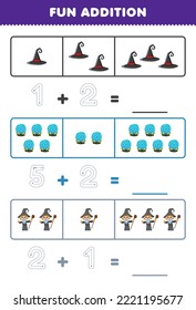 Education game for children fun addition by counting and tracing the number of cute cartoon hat magic orb wizard printable halloween worksheet
