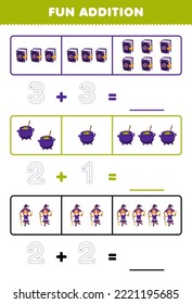 Education game for children fun addition by counting and tracing the number of cute cartoon spell book cauldron witch printable halloween worksheet
