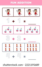 Education game for children fun addition by counting and tracing the number of cute cartoon devil girl potion bottle candle printable halloween worksheet