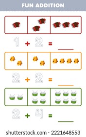Education game for children fun addition by counting and tracing the number of cartoon accordion cymbal drum printable music instrument worksheet