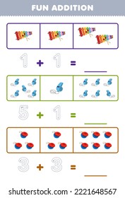 Education game for children fun addition by counting and tracing the number of cartoon xylophone whistle castanet printable music instrument worksheet