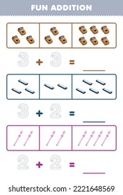 Education game for children fun addition by counting and tracing the number of cartoon kalimba harmonica recorder printable music instrument worksheet