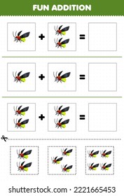 Education game for children fun addition by cut and match of cute cartoon firefly pictures for printable bug worksheet