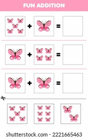 Education game for children fun addition by cut and match of cute cartoon butterfly pictures for printable bug worksheet