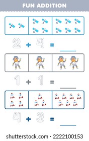 Education game for children fun addition by counting and tracing the number of cute cartoon satellite astronaut rocket printable profession worksheet