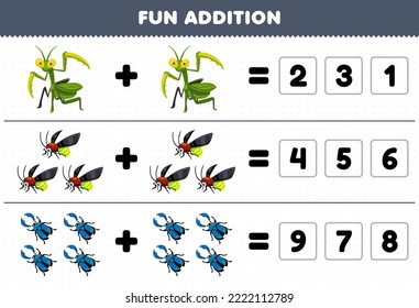 Education game for children fun addition by guess the correct number of cute cartoon mantis firefly beetle printable bug worksheet