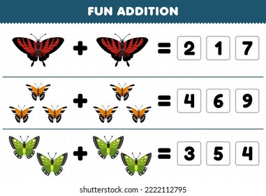 Education game for children fun addition by guess the correct number of cute cartoon butterfly printable bug worksheet