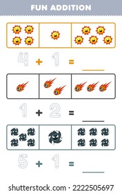 Education Game For Children Fun Addition By Counting And Tracing The Number Of Cute Cartoon Sun Comet Black Hole Printable Solar System Worksheet