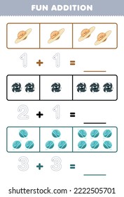 Education Game For Children Fun Addition By Counting And Tracing The Number Of Cute Cartoon Planet And Black Hole Printable Solar System Worksheet