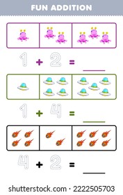Education game for children fun addition by counting and tracing the number of cute cartoon alien ufo comet printable solar system worksheet