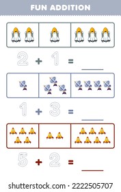 Education game for children fun addition by counting and tracing the number of cute cartoon spaceship radar rocket printable solar system worksheet