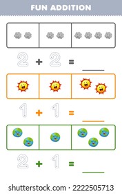 Education game for children fun addition by counting and tracing the number of cute cartoon sun and planet printable solar system worksheet